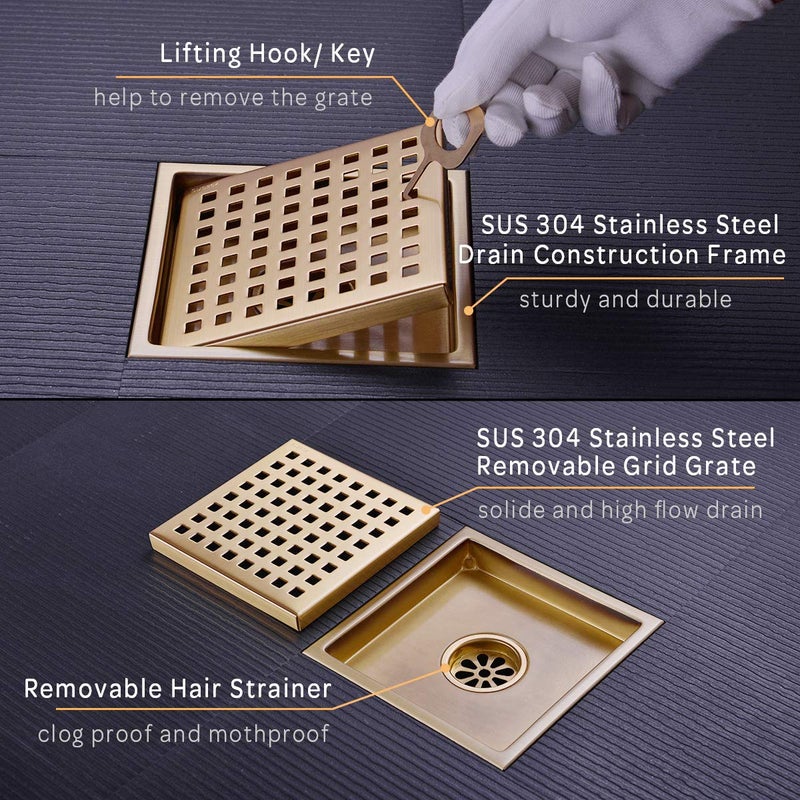 Orhemus 6 inch Stainless Steel Square Shower Floor Drain with Threaded Adapter, Removable Cover Grid Grate, Brushed Gold Brass Finished - Image 4